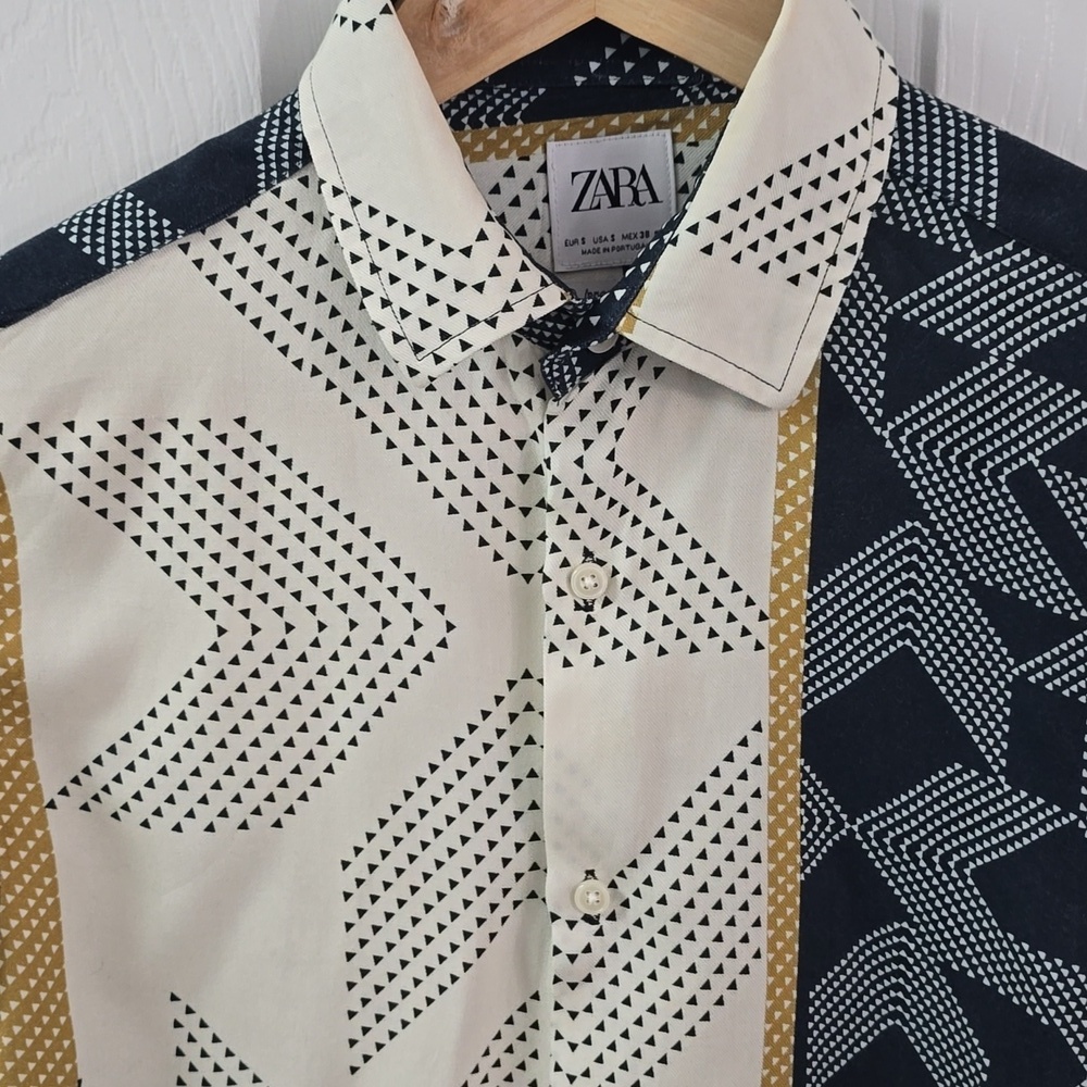 ZARA Men's Long Sleeve Shirt Abstract Regular Fit Blue Beige Size Small - Picture 5 of 12